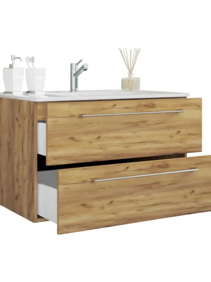 VCM Badezimmermöbel<2-tlg. Waschplatz Waschtisch Badinos 2 Schublade in Honig-Eiche