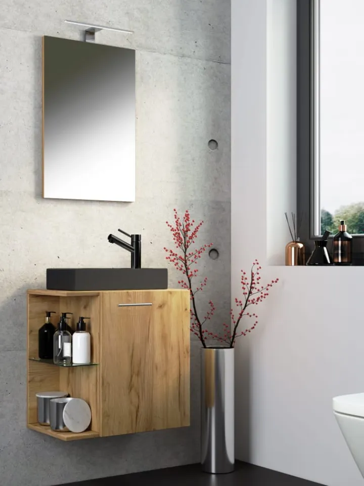 VCM Badezimmermöbel<3-tlg Waschtisch Hausa Spiegel Toilette Schwarz in Honig-Eiche
