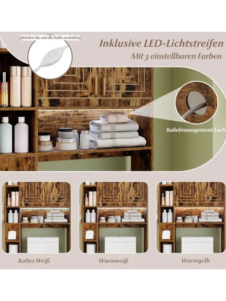 COSTWAY Badezimmermöbel<Toilettenregal mit Beleuchtung in Braun