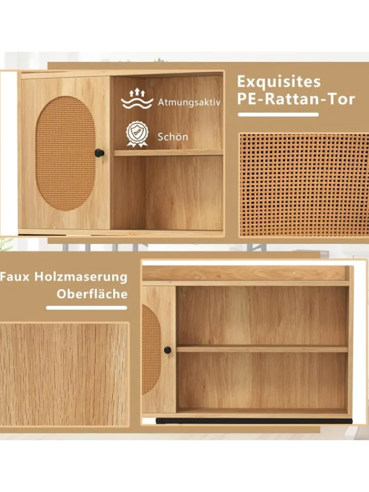 COSTWAY Badmöbel|Badezimmermöbel<Toilettenschrank mit PE-Rattan Tür in Hellbraun