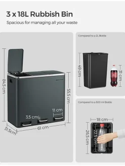 Songmics Mülleimer<Treteimer in Dunkelgrau - 3x 18 l