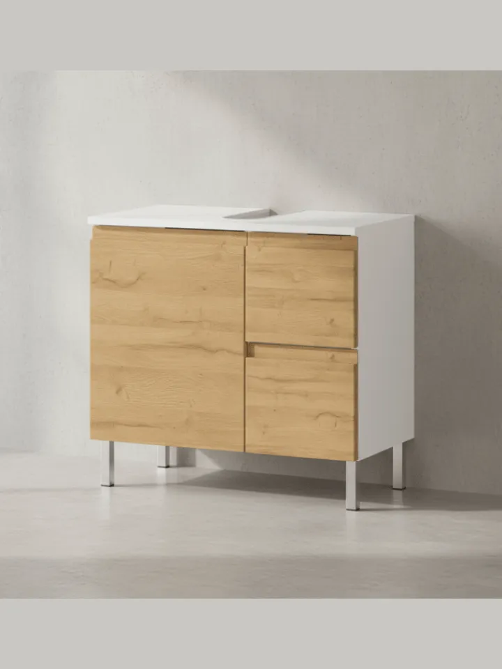 KADIMA DESIGN Badezimmermöbel<Unterschrank für Waschbecken, Weiß-Eiche, 60x34x56 cm, mit Chromfüßen