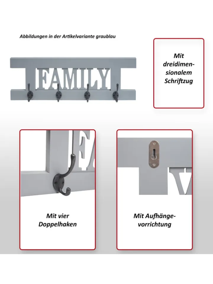 MCW Garderoben<Wandgarderobe C60 Family im Shabby-Look, Grau-blau
