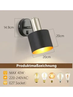 ZMH Wandleuchten<Wandleuchte 1-flammige E27 in schwarzgold drehbar 330° mit Schalter Metall