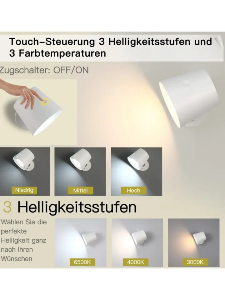 ZMH Wandleuchten<Wandleuchte in weiß 1-flammige akku 360° Drehbar