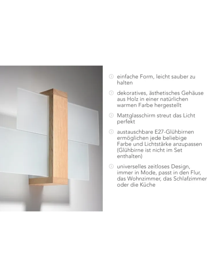 Nice Lamps Wandleuchten<Wandleuchte "LEDA" in Natural Holz und Glas moderne lampe 1xE27 LED