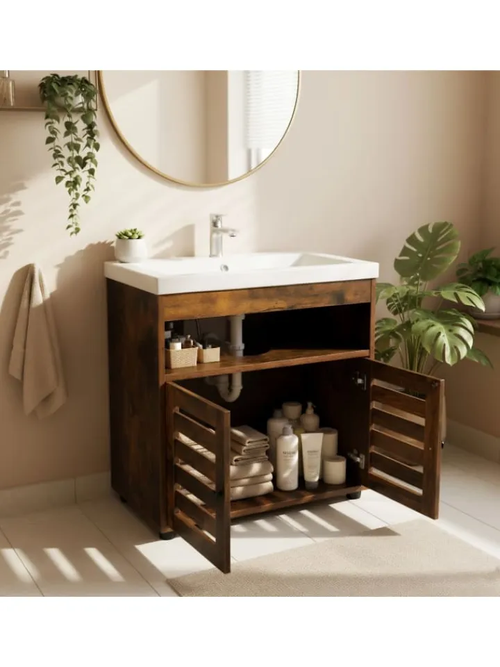 relaxdays Badezimmermöbel|Badmöbel<Waschbeckenunterschrank in Braun - (B)60 x (H)63 x (T)30 cm