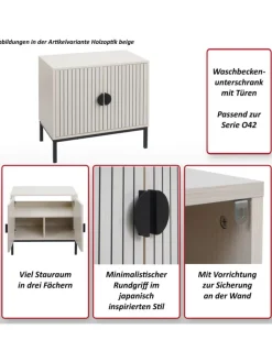 MCW Badezimmermöbel<Waschbeckenunterschrank O42 mit 2 Türen, Holzoptik beige