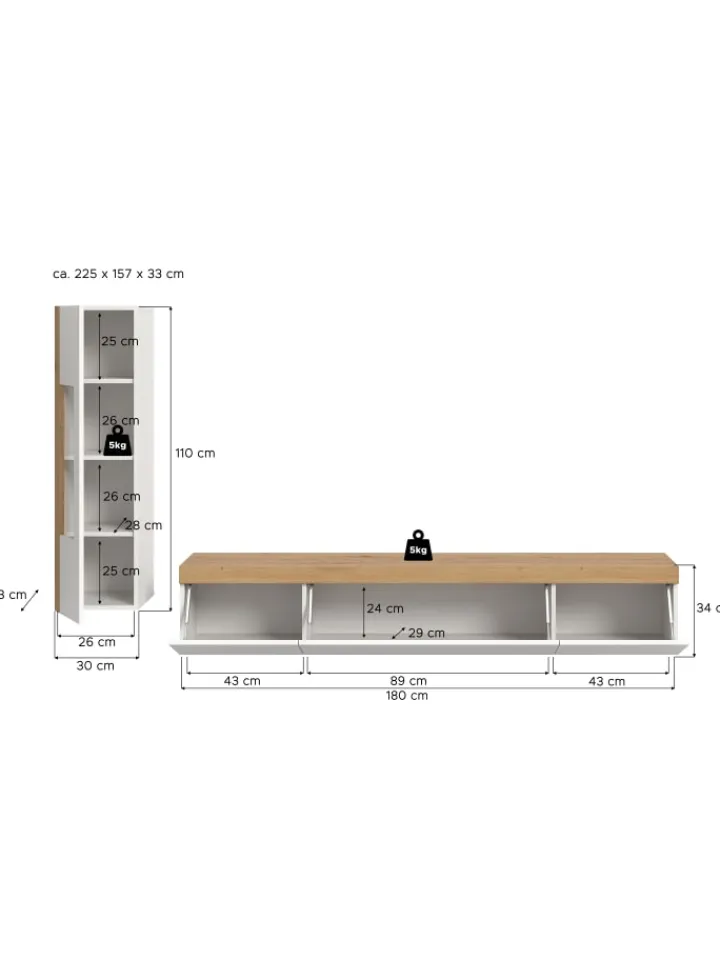 xonox.home Möbel-Sets<Wohnkombination (B/H/T: 225x34x33 cm) in weiß