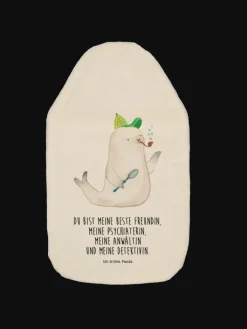Mr. & Mrs. Panda Wärmflaschen & -Kissen<Wärmflasche Robbe Sherlock mit Spruch in Weiß