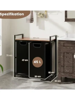 COSTWAY Wäschekörbe & -Ständer<Wäschekorb 2 Fächer 90L in Schwarz