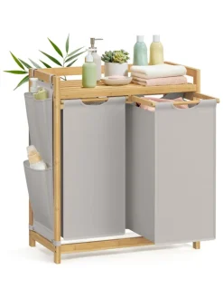 SONGMICS Wäschekörbe & -Ständer<Wäschekorb in Hellgrau/ Hellbraun - (B)63 x (H)78 x (T)33 cm