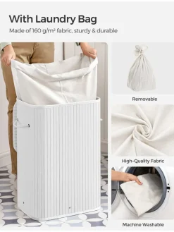 SONGMICS Wäschekörbe & -Ständer<Wäschekorb in Weiß/ Hellbraun - (B)40 x (H)61 x (T)30 cm