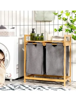 COSTWAY Wäschekörbe & -Ständer<Wäschekorb mit 2 Fächer in Beige