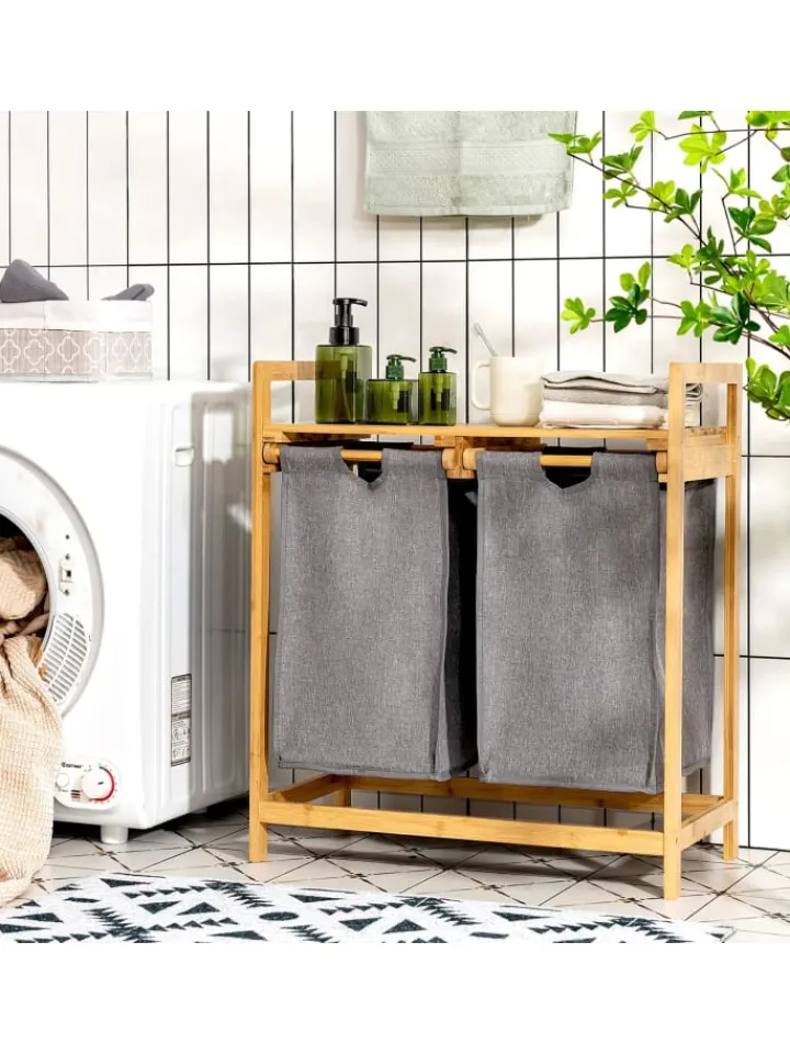 COSTWAY Wäschekörbe & -Ständer<Wäschekorb mit 2 Fächer in Beige