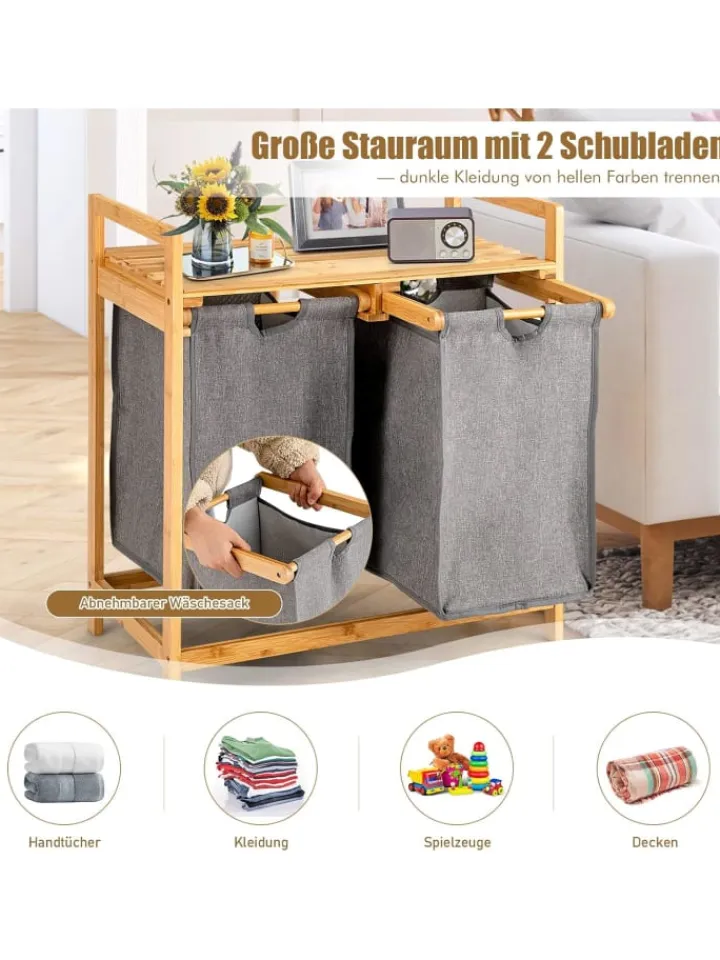 COSTWAY Wäschekörbe & -Ständer<Wäschekorb mit 2 Fächer in Beige