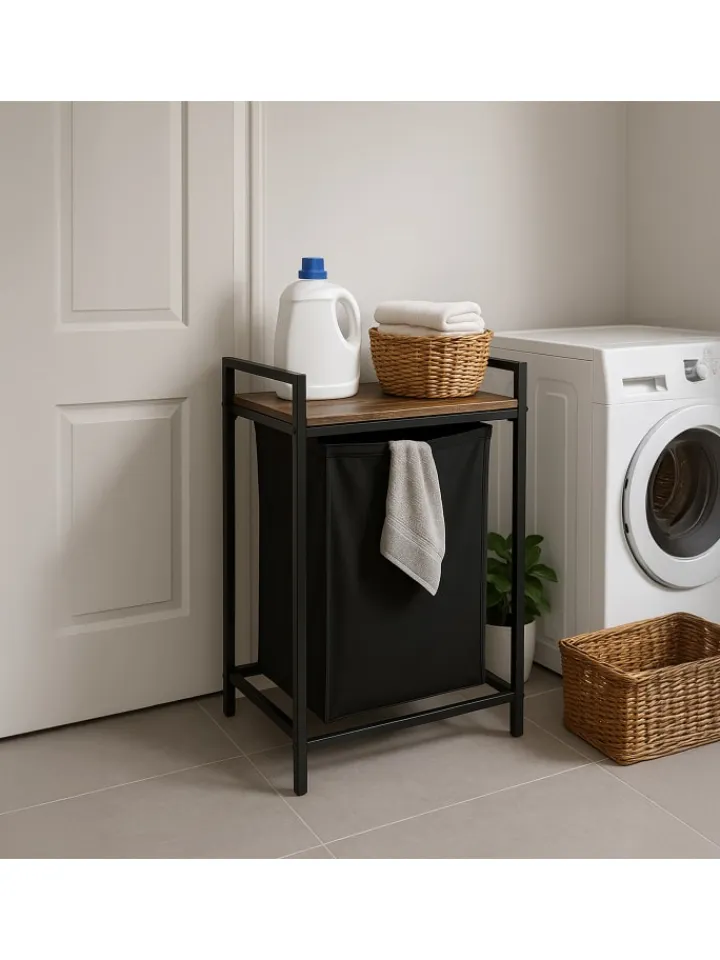 relaxdays Wäschekörbe & -Ständer<Wäschesammler in Schwarz/ Braun - 65 L