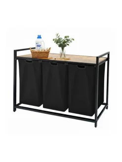 relaxdays Wäschekörbe & -Ständer<Wäschesammler in Schwarz/ Natur - (B)109,5 x (H)73,5 x (T)33 cm