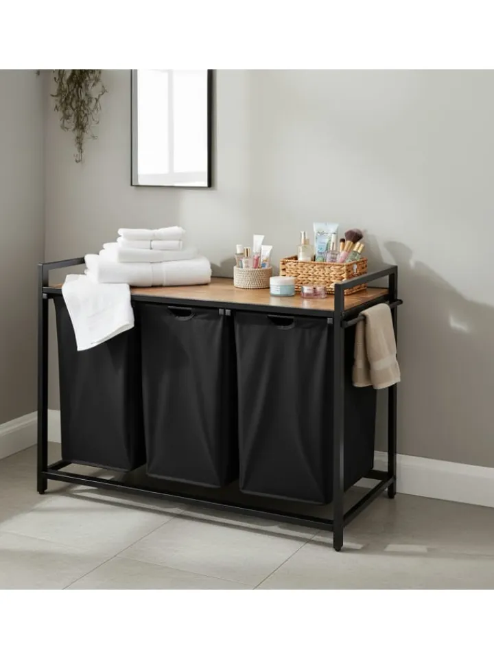 relaxdays Wäschekörbe & -Ständer<Wäschesammler in Schwarz/ Natur - (B)109,5 x (H)73,5 x (T)33 cm