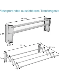 COSTWAY Wäschekörbe & -Ständer<Wäscheständer Wandmontage 86cm in Silber