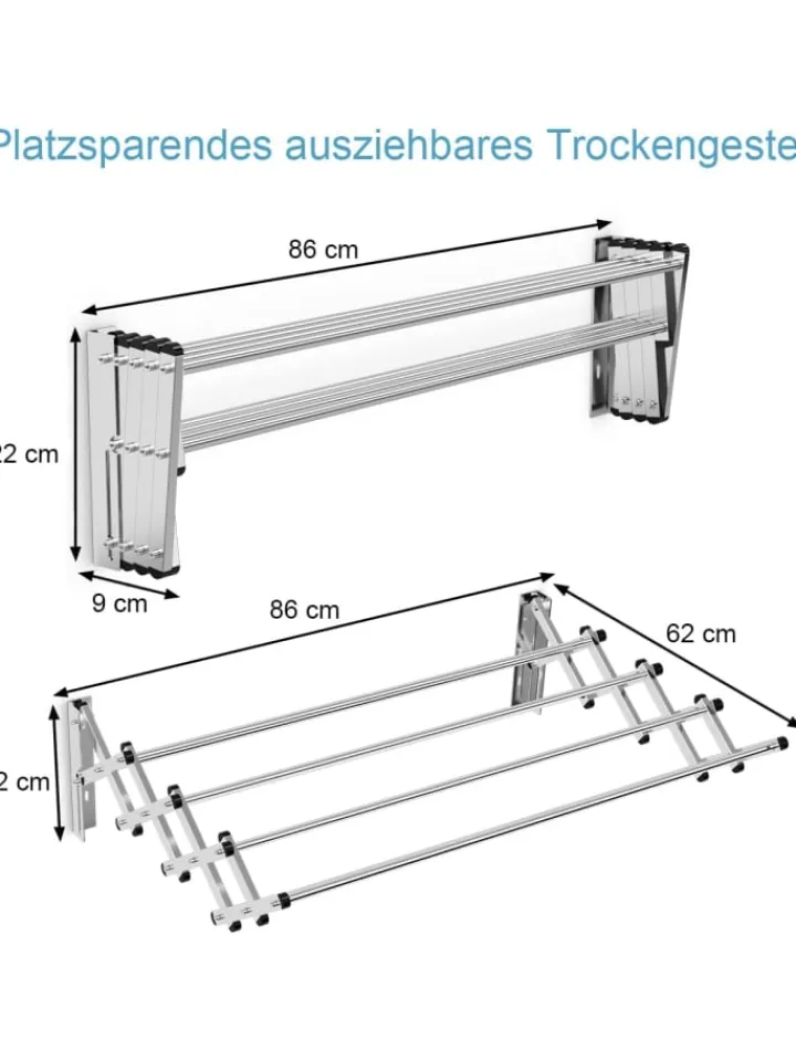 COSTWAY Wäschekörbe & -Ständer<Wäscheständer Wandmontage 86cm in Silber