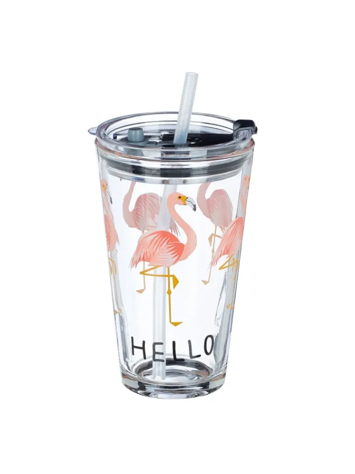 relaxdays Gedeckter Tisch<4x Glasbecher "Flamingo" in Transparent/ Pink - 450 ml