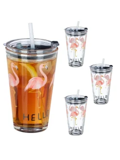 relaxdays Gedeckter Tisch<4x Glasbecher "Flamingo" in Transparent/ Pink - 450 ml