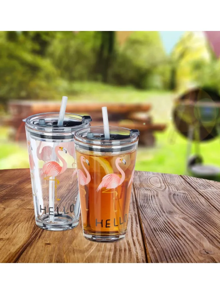 relaxdays Gedeckter Tisch<4x Glasbecher "Flamingo" in Transparent/ Pink - 450 ml