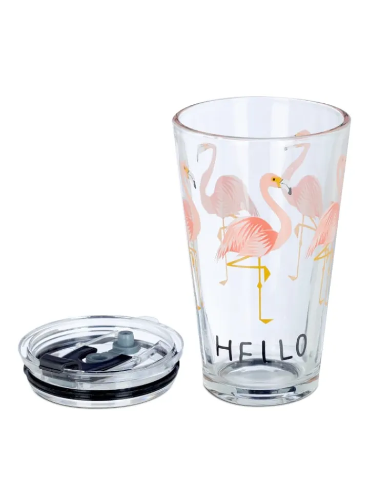 relaxdays Gedeckter Tisch<4x Glasbecher "Flamingo" in Transparent/ Pink - 450 ml