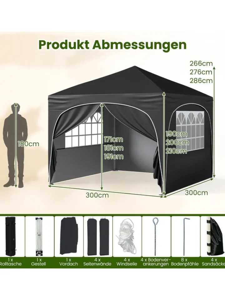 COSTWAY Gartenmöbel<3x3 m Faltpavillon mit 4 Seitenwänden in Schwarz