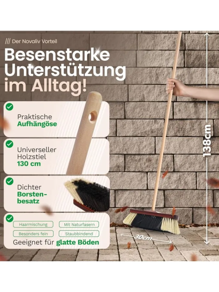 Novaliv Putz- & Waschutensilien<2X Zimmerbesen mit Stiel ROSSHAAR Mischung Besen weiche Borsten Schran in Braun