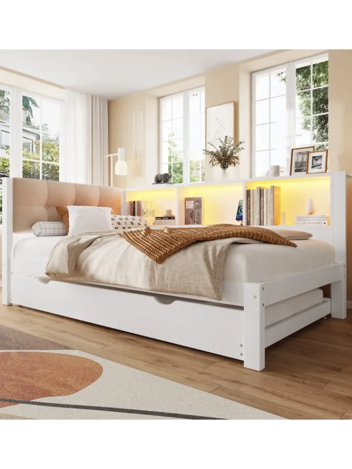 ABRIHOME Betten & Matratzen<90x200cm Einzelbett Tagesbett ausziehbar mit LED