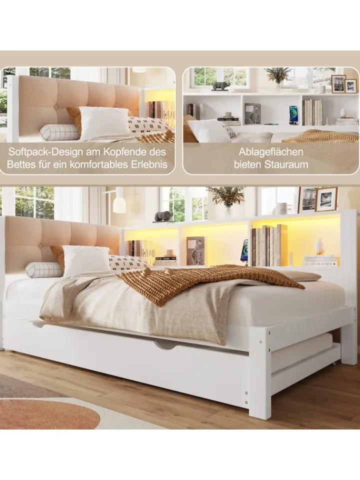 ABRIHOME Betten & Matratzen<90x200cm Einzelbett Tagesbett ausziehbar mit LED