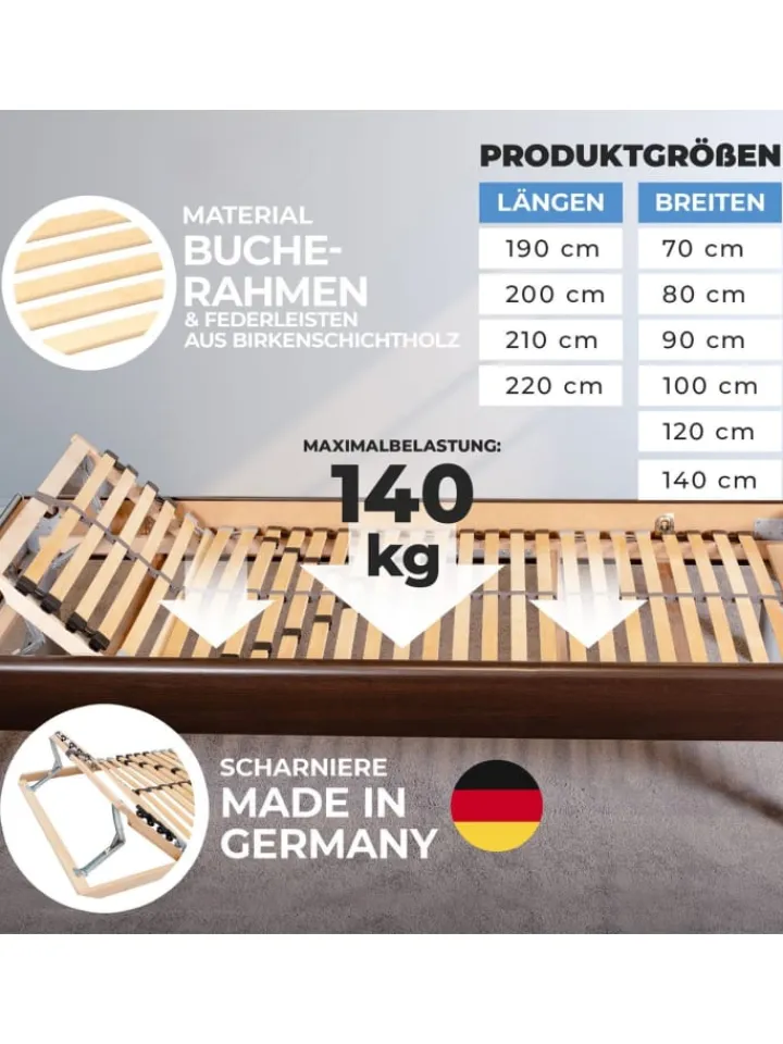 Coemo Betten & Matratzen<7-Zonen Lattenrost Kopfteil verstellbar 90x200 cm in Natur