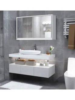 COSTWAY Badmöbel|Badezimmermöbel<Zweitüriger Spiegelschrank Wandschrank 55 x 14 x 45 cm in Weiß